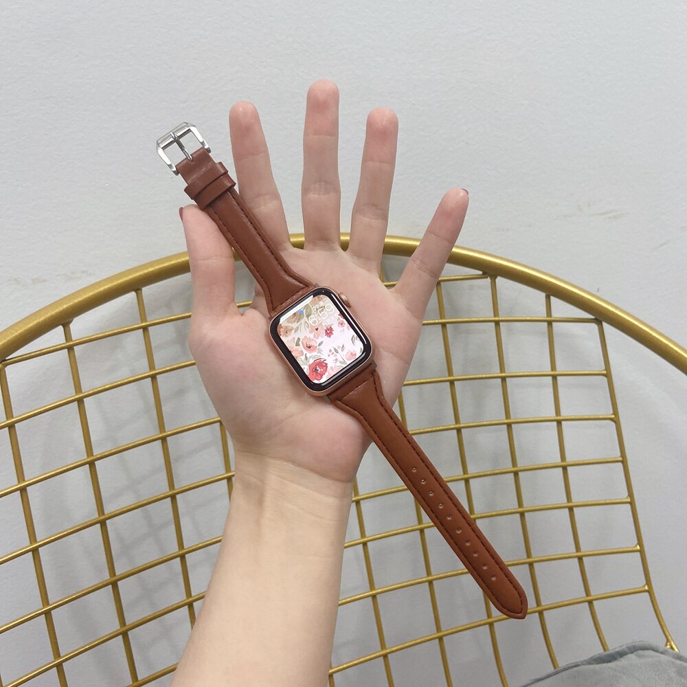 Dây đeo bằng da thật 38mm 42mm siêu mỏng thích hợp cho đồng hồ thông minh Apple Watch 40mm 44mm Se 6 5 4 3 2 1