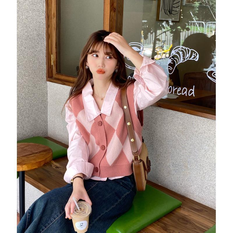 Set áo khoác len không tay và áo sơ mi tay dài thời trang dành cho nữ