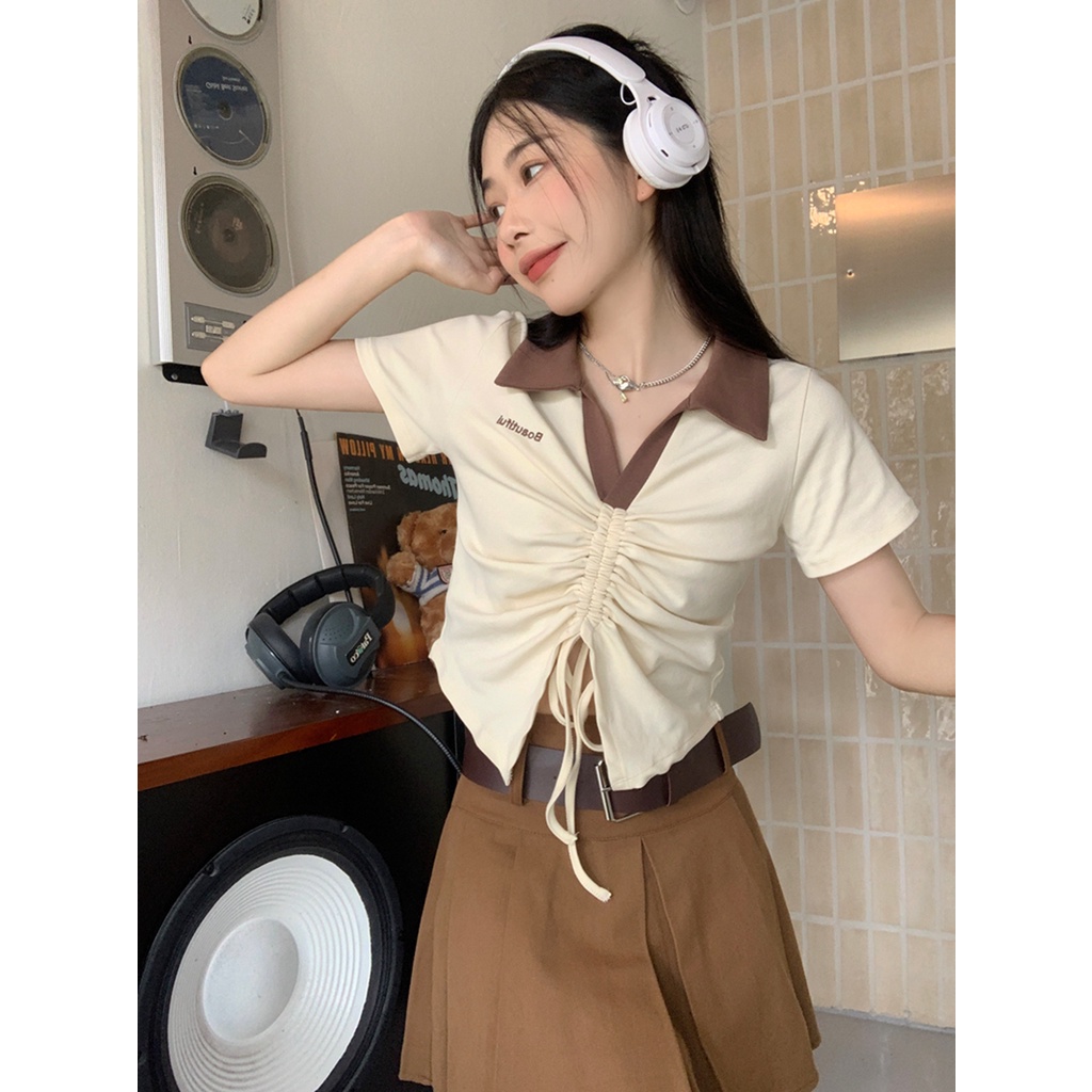 áo croptop kiểu ngắn tay cổ chữ v thiết kế dây rút thêu họa tiết phong cách mới mùa hè cho nữ