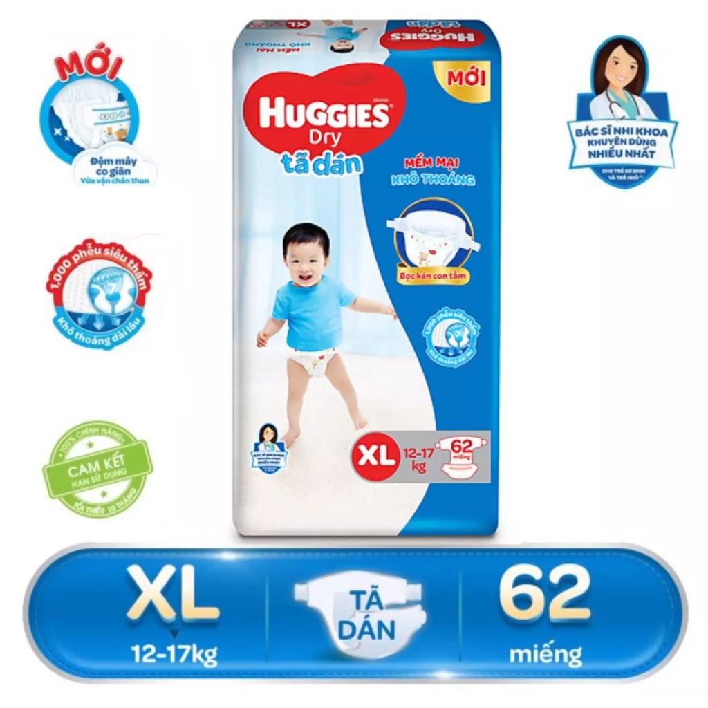 (Mẫu Đệm Mây) Bỉm Huggies Dán Size M76/L68/XL62/Xxl56