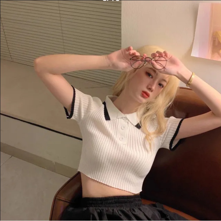 Áo croptop dệt kim ngắn tay có cổ thời trang mùa hè cho nữ