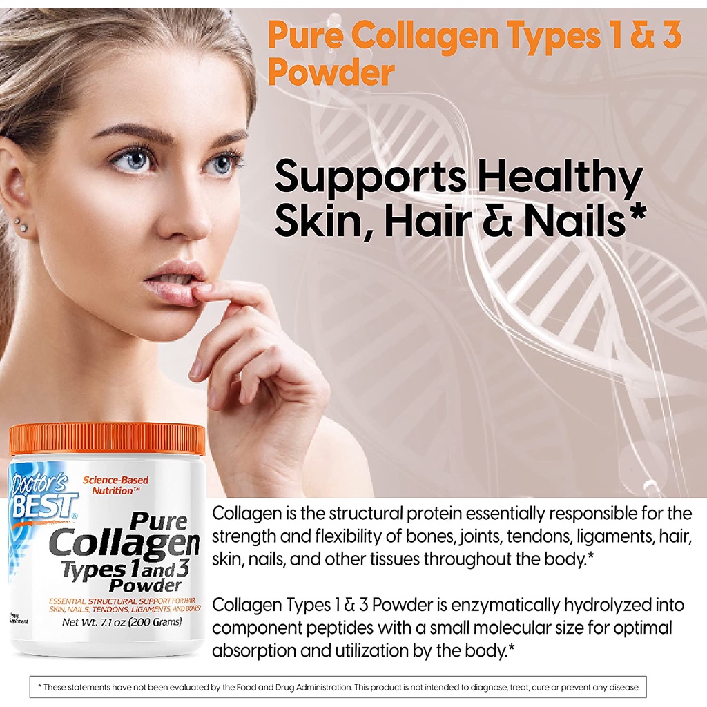 Doctor's Best Pure Collagen Types 1 and 3 Powder 200g - Bột Collagen hỗ trợ da, tóc móng, gân, khớp, sụn, xương
