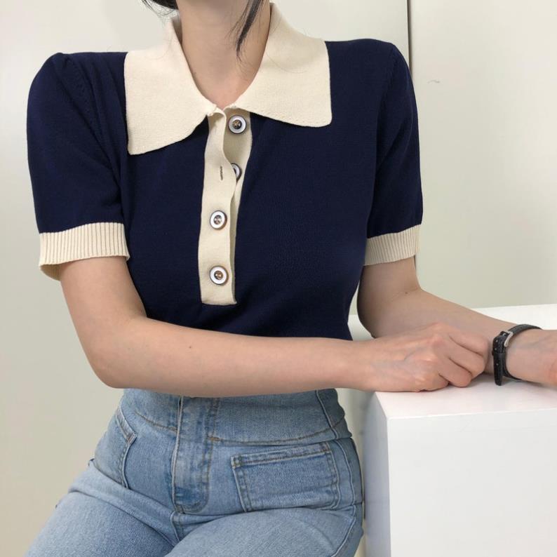 SẴN Áo thun nữ Ngắn tay Cổ bẻ POLO Phối cúc Ulzzang Hàn Quốc Áo Phông thun nữ Tay ngắn Có cổ Retro Thời trang