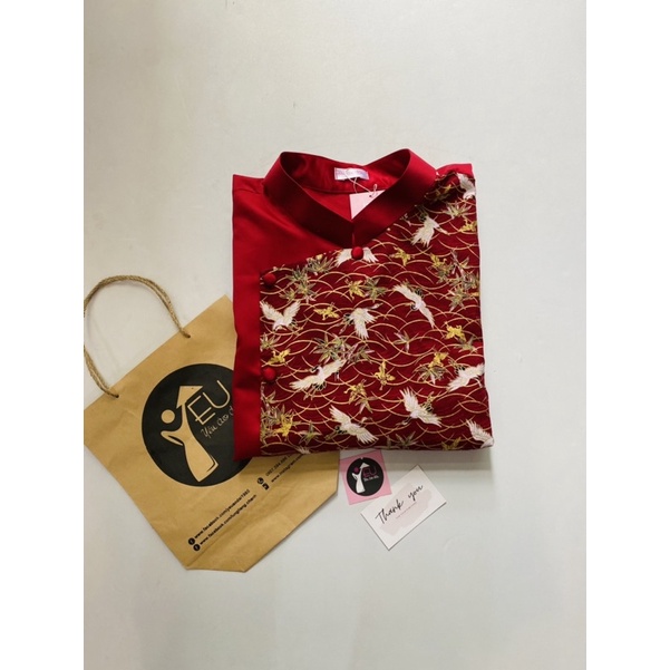 Áo dài nam chim hạc phối đỏ