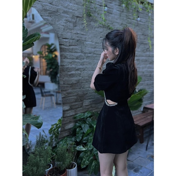 Đầm Nhung Viền Đá Phối Ngọc Hàng Thiết Kế Cao Cấp