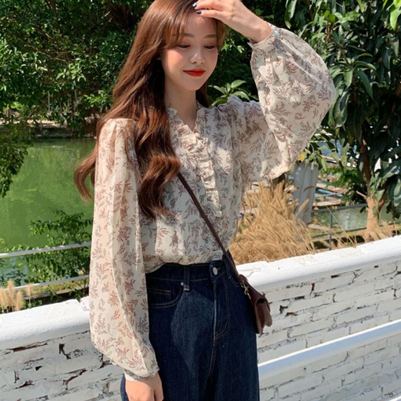 Áo Kiểu Chất Chiffon Tay Dài Hoạ Tiết Hoa Thiết Kế Dáng Rộng Che Nắng Dành Cho Nữ váy Ao
