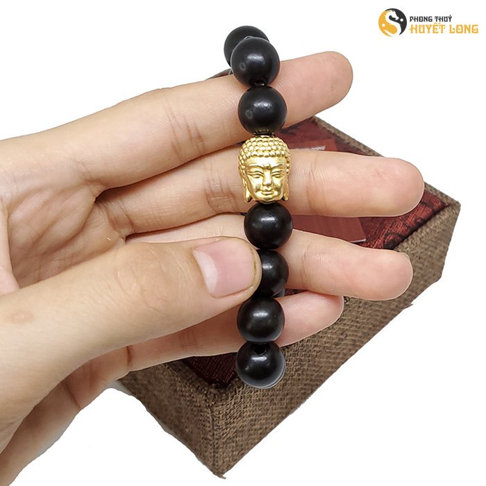 Vòng Tay Gỗ Mun Sừng Mix Mặt Phật Xi Vàng, Vòng Tay Phong Thủy Nam Nữ