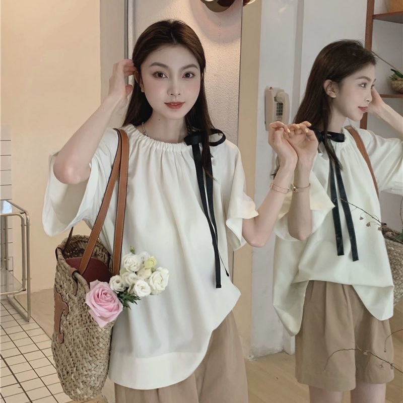 Áo Sơ Mi Tay Ngắn Dáng Rộng Phối Dây Buộc Kiểu Pháp Thời Trang Mùa Hè Xinh Xắn Cho Nữ