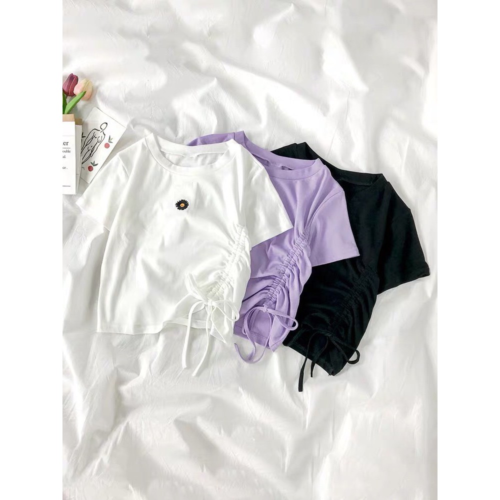 Áo croptop rút dây  một bên cao cấp thêu hoa cúc  siêu xinh 🤩