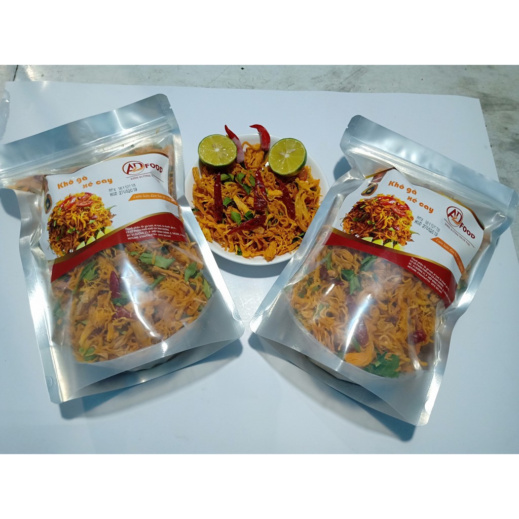 1kg gồm 500g KHÔ GÀ CAY LÁ CHANH+500G KHÔ GÀ TỎI ỚT