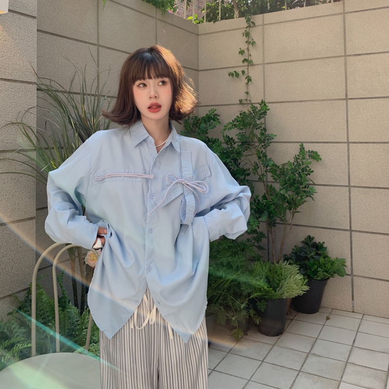 ZHELIHANGFEI Áo Sơ Mi Nữ Tay Dài Có Gắn Nơ Theo Phong Cách Ngọt Ngào Dễ Phối Đồ