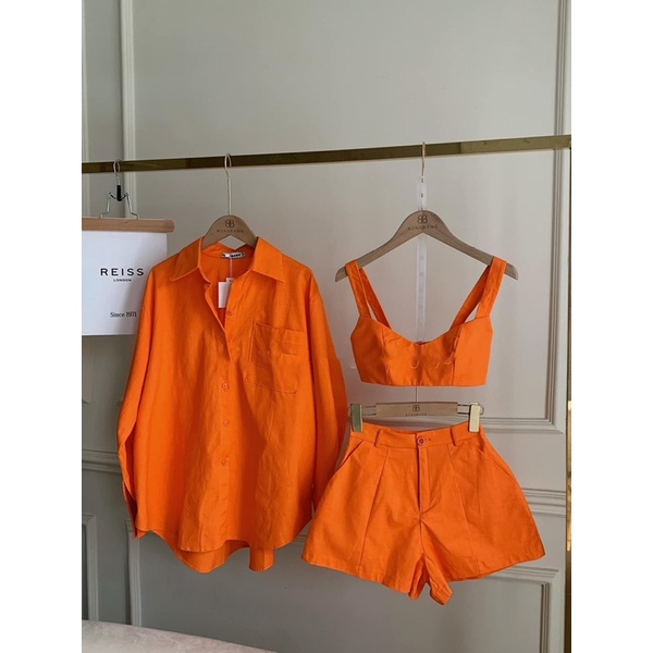 Set 3 món cực cá tính áo sơ mi phối áo dây croptop kèm quần short