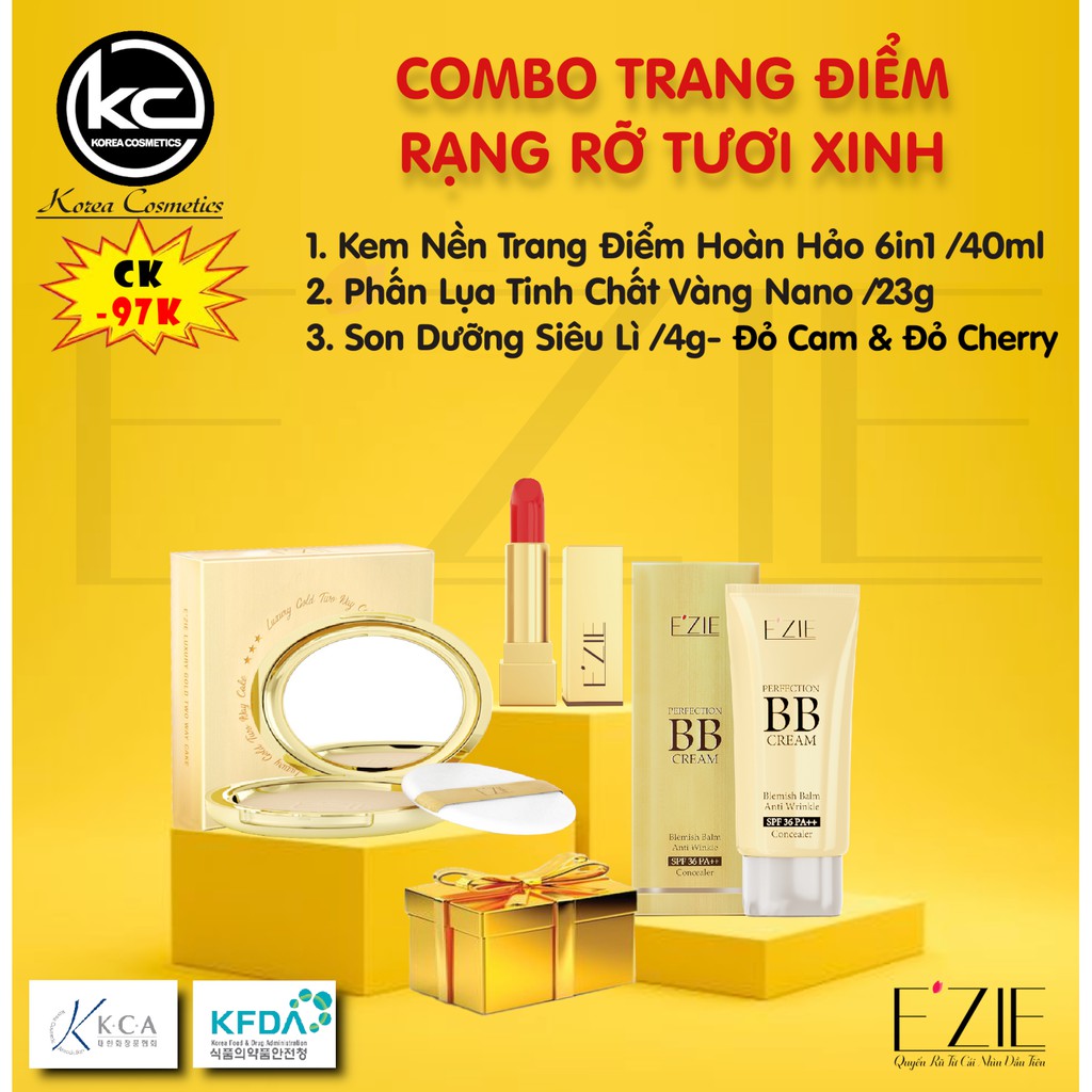 Combo Trang Điểm Mềm Mịn Hoàn Hảo, Kiềm Dầu - Phấn Phủ, Kem Nền BB, Son Siêu Lì. Combo Makeup