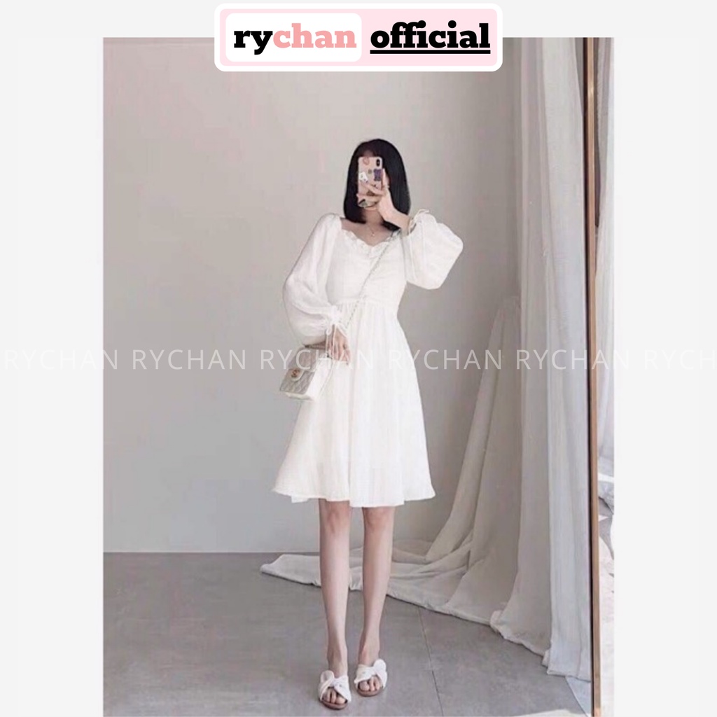 Đầm Nữ Dự Tiệc Dáng Xòe Cổ V Bèo Tay Dài Phồng Thắt Nơ Cực Bánh Bèo Màu Trắng[ẢNH THẬT CUỐI] -  DX9829