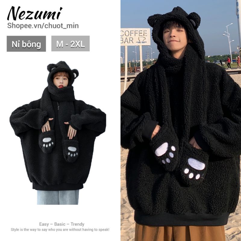 Áo sweater hoodie nỉ bông kèm mũ lông tai gấu thỏ khăn siêu dày ấm áp đáng yêu đại hàn unisex nam nữ hip hop Châu Âu
