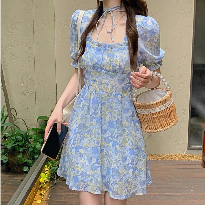 Đầm Perty in hoa tay phồng phong cách Hàn Quốc thời trang hè dành cho nữ