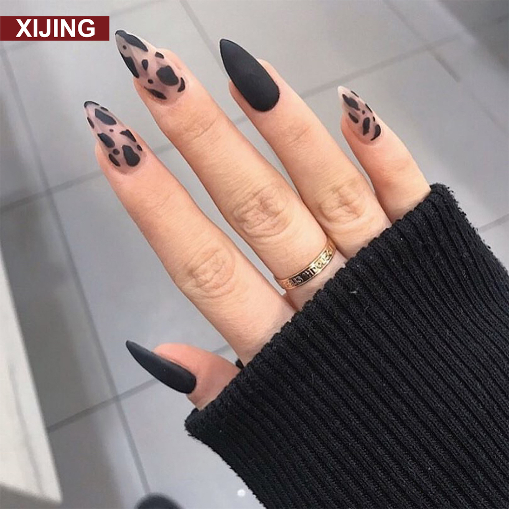 【COD】Bộ 24 móng tay giả màu đen họa tiết da báo xinh xắn