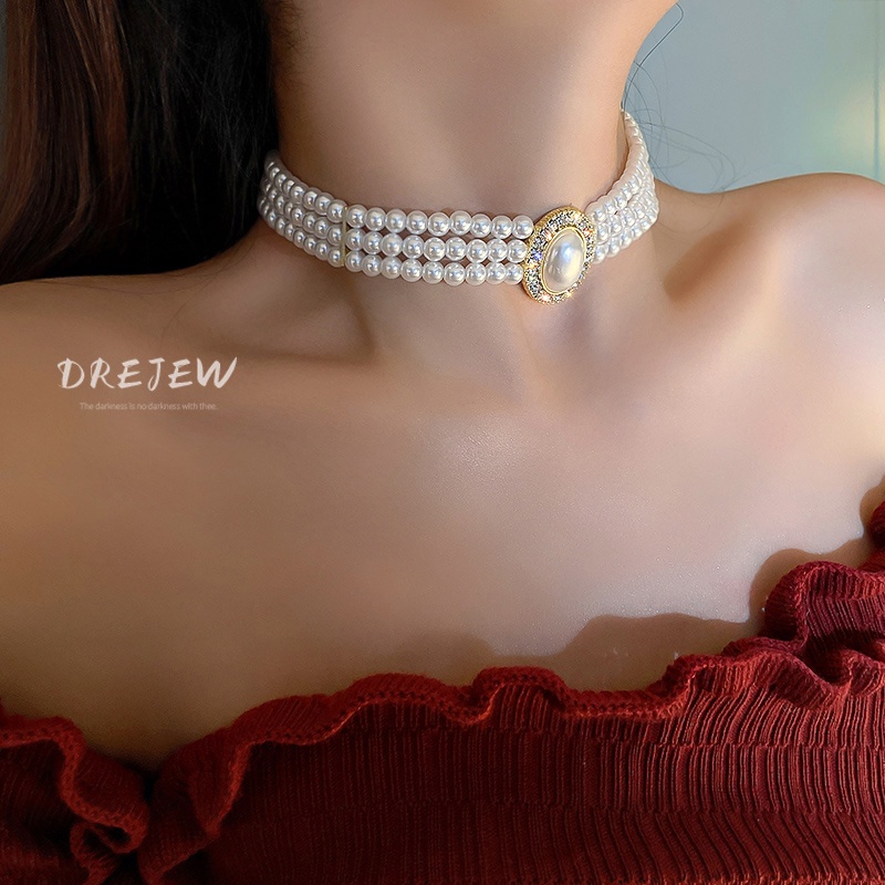 DREJEW Vòng cổ nhiều lớp đính đá ngọc trai thời trang