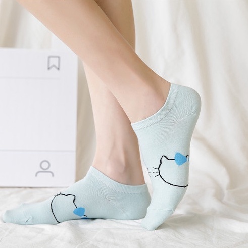 Tất Nữ Cổ Ngắn Hàn Quốc - Vớ Nữ Yuna Thêu Dệt Họa Tiết Vintage Mèo Đáng Yêu