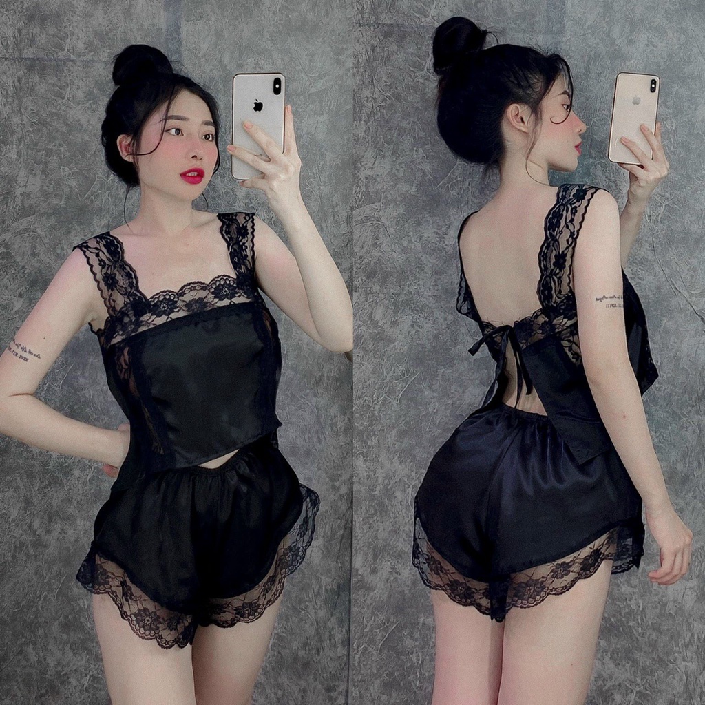 Sét đồ ngủ hai dây cột nơ tầng dễ thương lụa satin