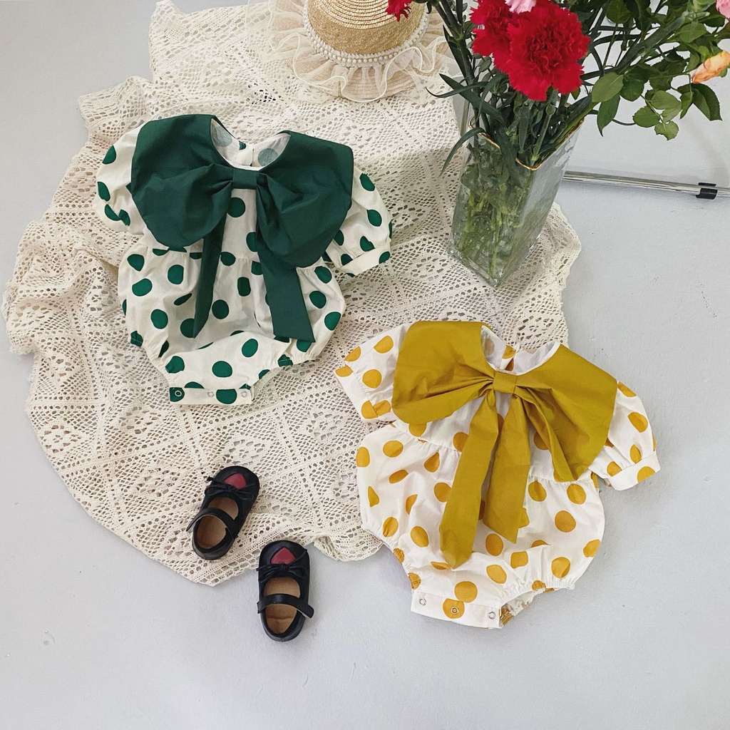 Baby Girl Jumpsuit 2022 Summer Korean Style Baby Girl Polka Dot Chest Big Bowknot Bag Fart Romper WjVg
