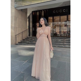 Đầm maxi sát nách lưới phồng dự tiệc / Nude