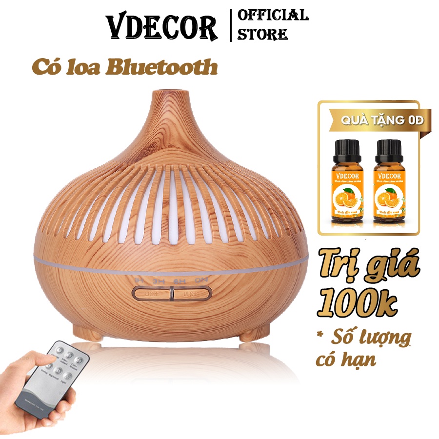 Máy xông tinh dầu Vdecor tích hợp Loa BLUETOOTH cổ cao lồng đèn, dung tích 500ml