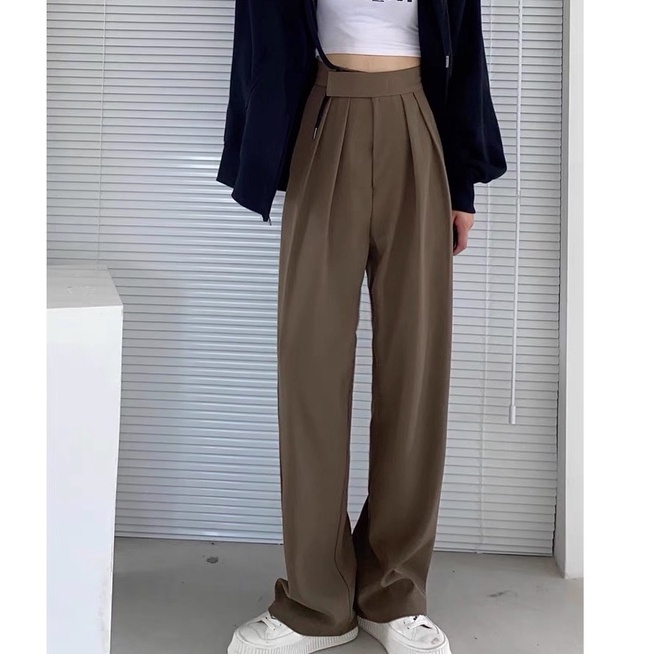 Quần dài SUXI lưng cao ống rộng màu đơn giản cho nữ