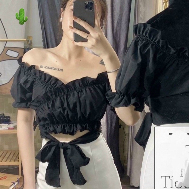 áo trễ vai đắp chéo phối ren quyến rũ , áo croptop phối ren , áo trễ vai cột eo