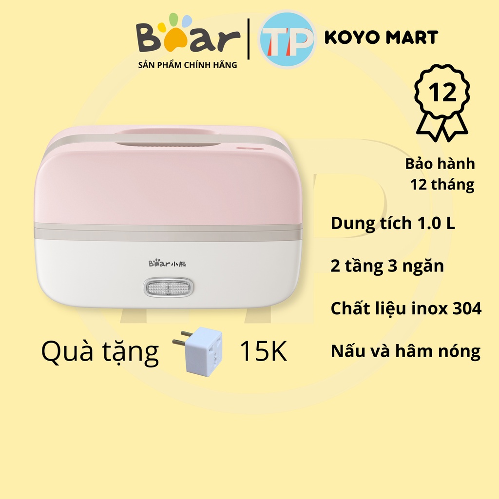 Hộp cơm cắm điện Bear DFH-B10J2, 2 tầng 3 ngăn, dung tích 1.0 lít, sử dụng để nấu chín, hâm nóng và giữ nhiệt