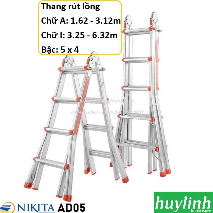 Thang nhôm gấp trượt chữ A 5 bậc Nikita AD05 - 6.3 mét [Thang rút lồng]