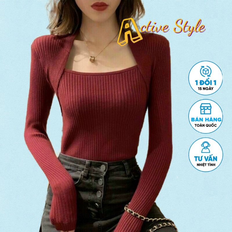 Áo croptop tay dài cổ vuông dáng ôm body thu đông, chất thun gân dày mịn co dãn tốt