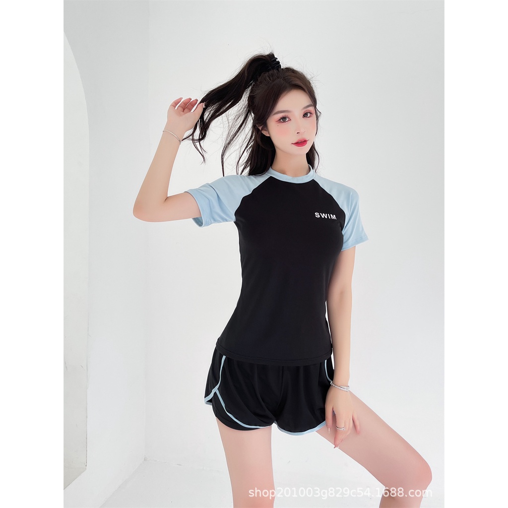 Bikini đi biển INFLACHI kín đáo Đùi 2023 ngắn Tay đi biển du lịch 2 mảnh tươi trẻ năng động Đẹp Co Giãn DK7T203