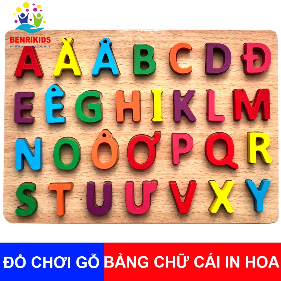 Bảng chữ cái cho bé học tiếng việt bằng gỗ in nổi chữ hoa, chữ thường, chữ số loại đẹp giúp trẻ thông minh TOPKIDS