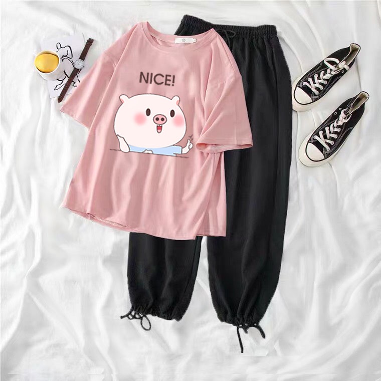Sét áo phông Lợn n.ic.e + quần bom, Áo thun from rộng, Chất đẹp không xù, quần suông ống rộng, Sét bộ mặc ở nhà - MODY