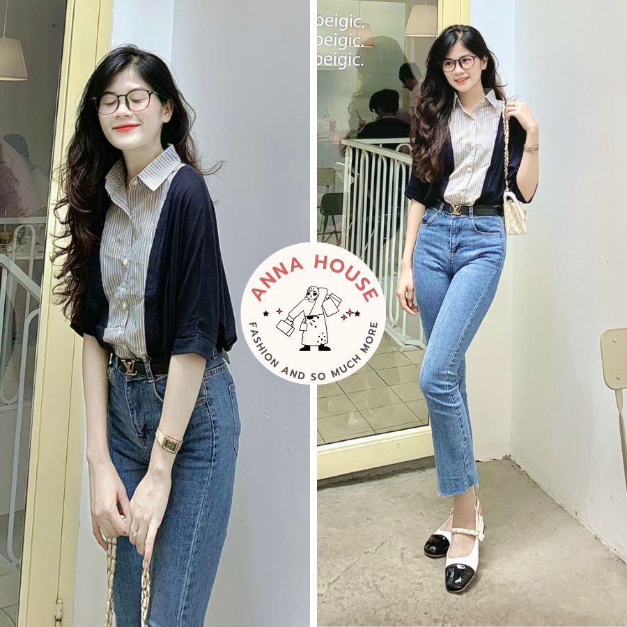 Áo sơ mi nữ tay ngắn cánh dơi cổ phối kẻ sọc form rộng oversize chất cotton, Áo sơ mi nữ cộc tay lỡ cánh dơi Hàn Quốc