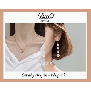 Set Dây Chuyền và Bông Tai dài ngọc trai thời trang nữ phong cách tiểu thư xinh xắn