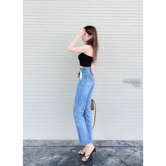 Quần jean dài ống suông lưng cao gắn nơ vải! 1312