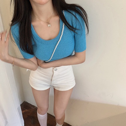 QADCOL  Áo Thun Croptop Tay Ngắn Cổ Chữ U Eo Cao Thời Trang Cho Nữ