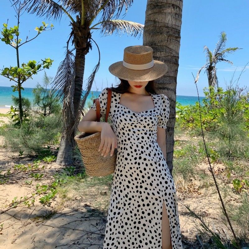 Đầm Dài Tay Phồng Cổ Vuông In Hoa Màu Trắng Phong Cách Pháp Thời Trang Mùa Hè Cho Nữ