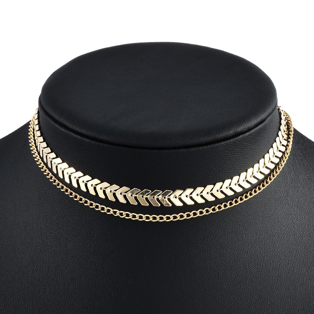 Vòng cổ choker bằng kim loại thiết kế 2 dây hình chuỗi lá đơn giản