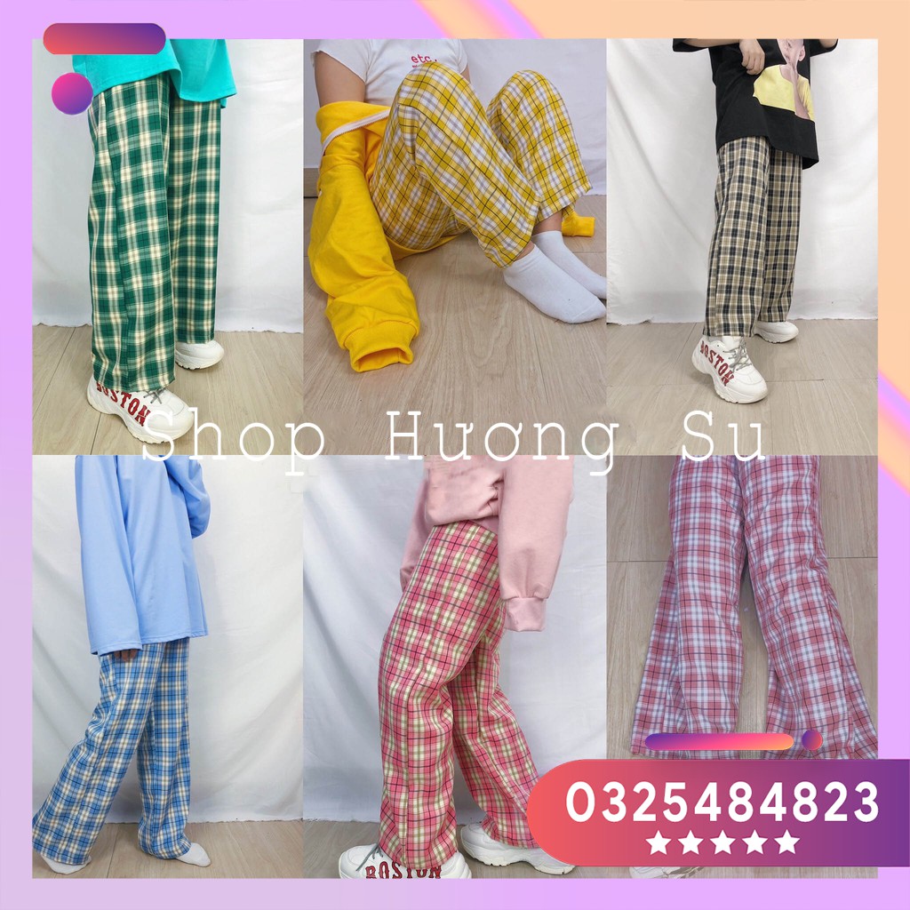 Quần Ống Rộng Dáng Suông Kẻ Ca rô - Quần Culottes Cạp Cao Có Cúc Siêu Hack Dáng-HươngSu (Q058)