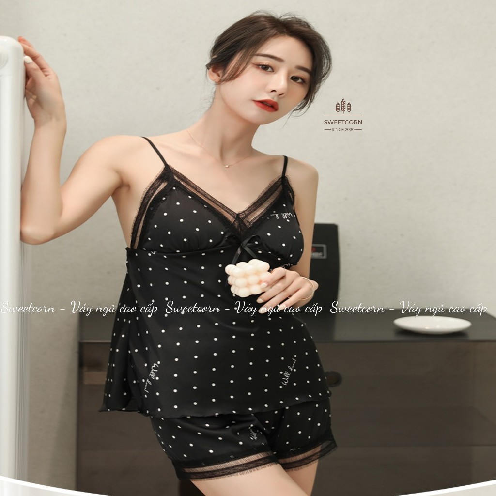 Bộ Đồ Ngủ Áo Hai Dây Chấm Bi Ren Vải Lụa Satin Gợi Cảm Cho Nữ
