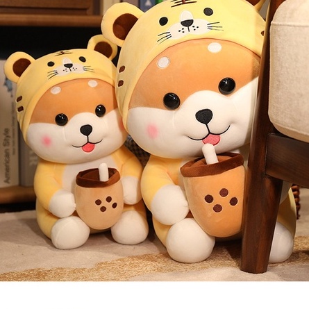 Gấu Bông Chó Shiba Ôm Trà Sữa Cute, Shiba Đội Nón Hổ Cosplay, Thú Nhồi Bông Cao Cấp