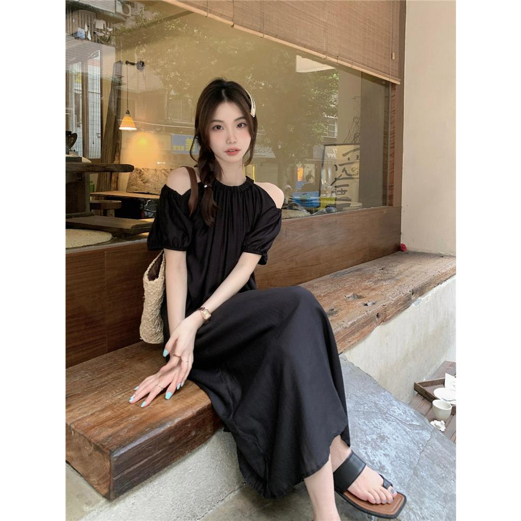 Váy maxi suông dài dáng xòe chất đũi cổ yếm ba tầng form rộng, Đầm maxi đi biển ba lỗ cổ tàu sát nách dáng suông dài