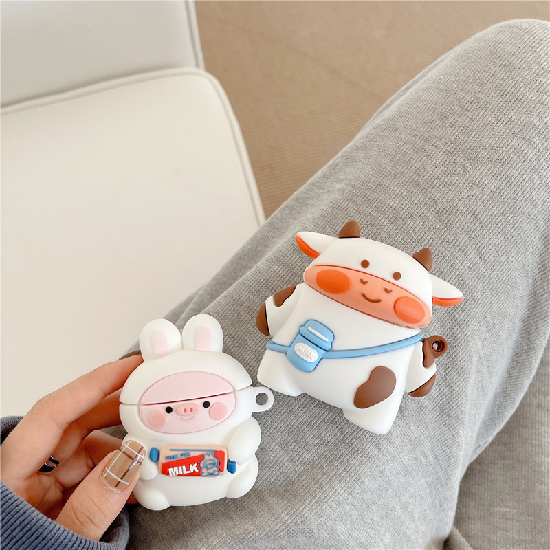 Cute Cartoon Animal Zoo Tiger Lion Bear Pig Rabbit AirPods Pro Case Anti-drop Silicone Protective Cover with Carabiner