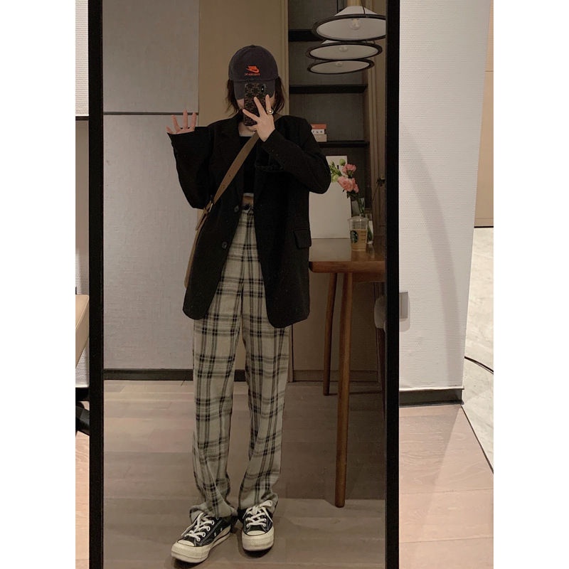 Quần dài ống rộng lưng cao họa tiết caro chất lượng cao