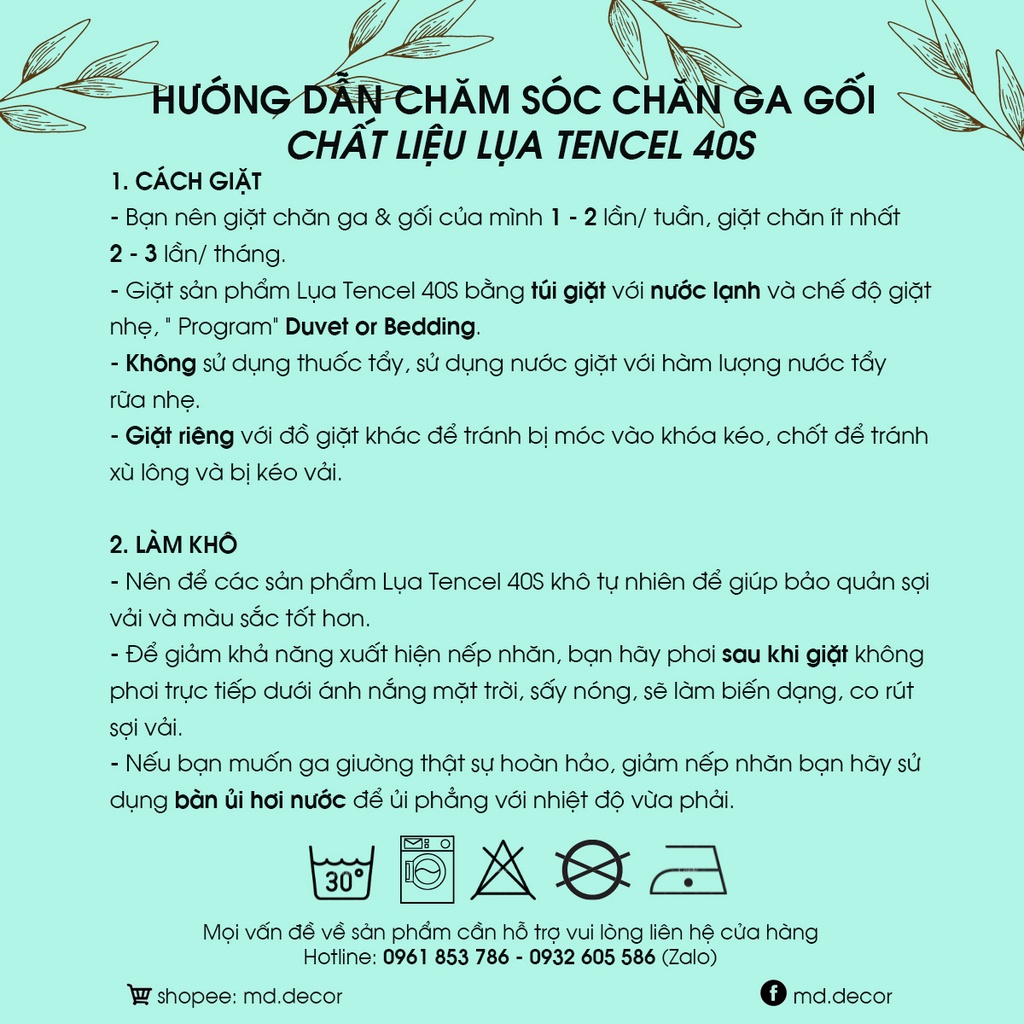 Bộ chăn ga gối Lụa Tencel 40S MD.Decor  nhập khẩu Full hộp cao cấp miễn phí may bo chun mọi kích thước