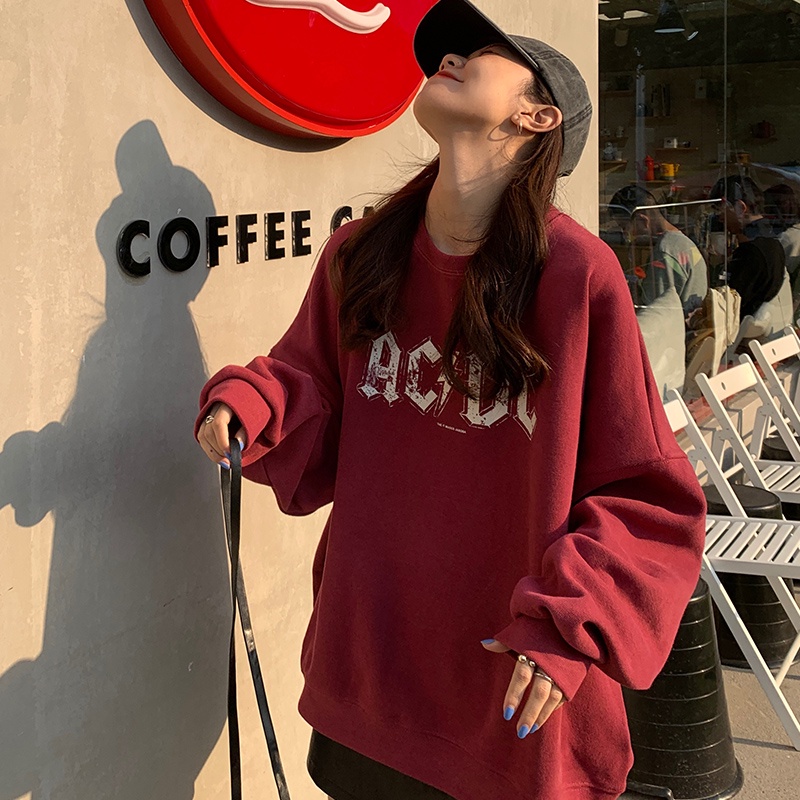 Áo sweater tay dài cổ tròn dáng rộng in chữ kiểu Hàn Quốc dễ phối đồ
 | BigBuy360 - bigbuy360.vn