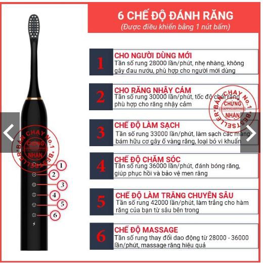 Bàn chải điện X3 cao cấp - 6 chế độ + TẶNG KÈM 4 ĐẦU BÀN CHẢI